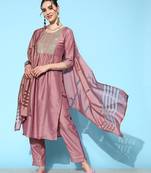 Women Mauve Embroidered Kurta With Trousers & Dupatta