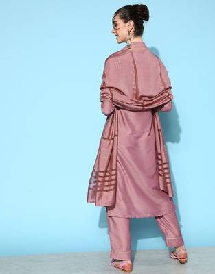Women Mauve Embroidered Kurta With Trousers & Dupatta 5