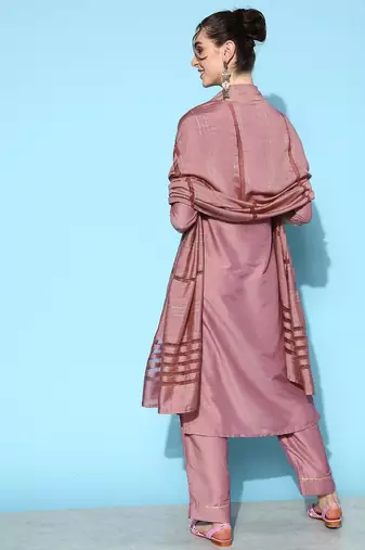 Women Mauve Embroidered Kurta With Trousers & Dupatta