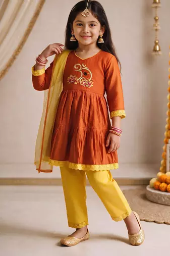 Girls orange embroidered kurta with trousers & dupatta