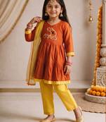 Girls orange embroidered kurta with trousers & dupatta