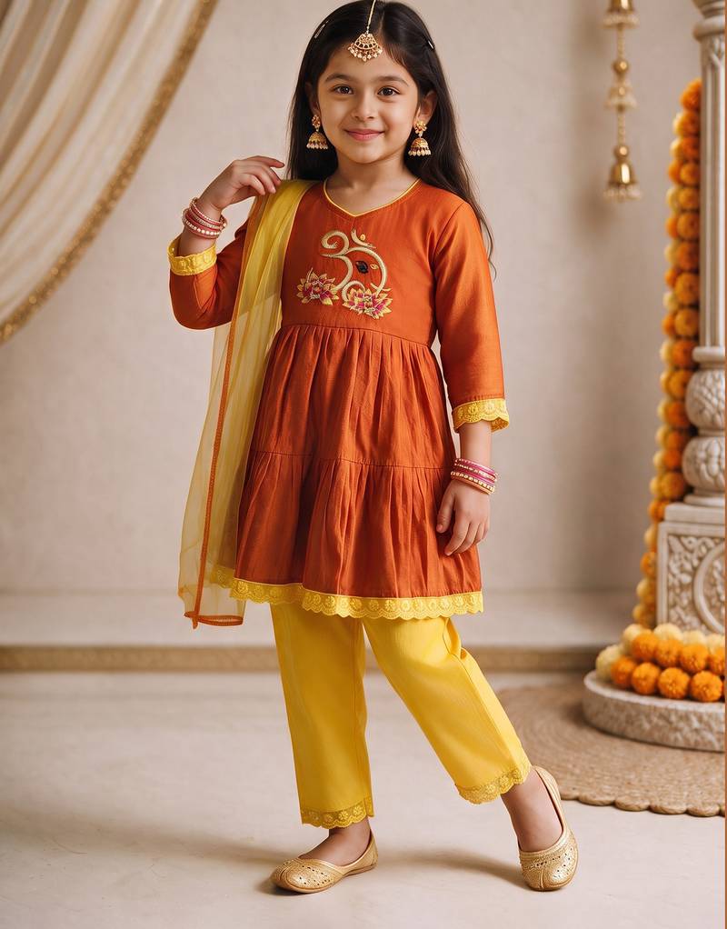Girls orange embroidered kurta with trousers & dupatta