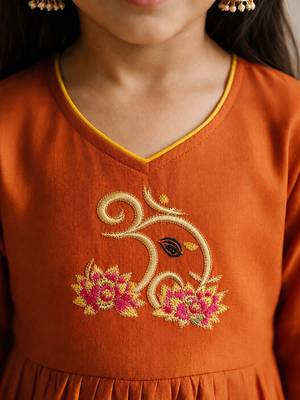 Girls orange embroidered kurta with trousers & dupatta 2