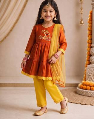 Girls orange embroidered kurta with trousers & dupatta 3