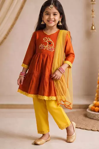 Girls orange embroidered kurta with trousers & dupatta