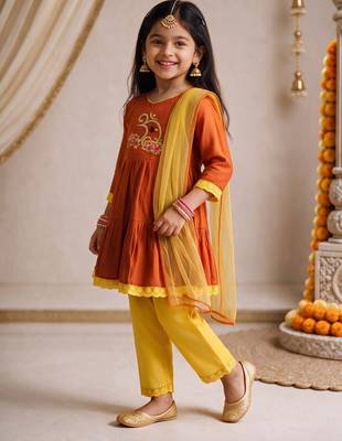 Girls orange embroidered kurta with trousers & dupatta 4