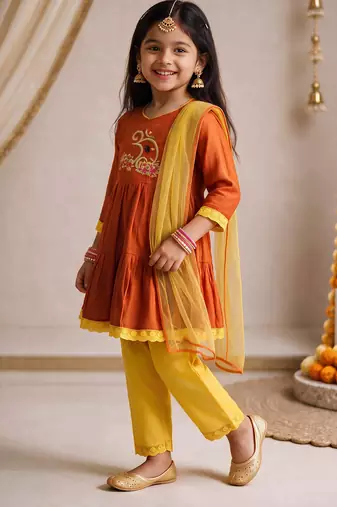 Girls orange embroidered kurta with trousers & dupatta