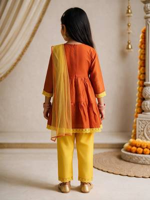 Girls orange embroidered kurta with trousers & dupatta 5