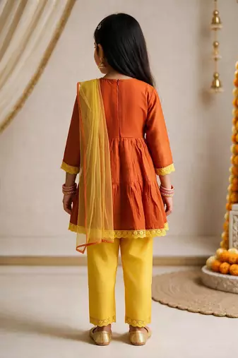 Girls orange embroidered kurta with trousers & dupatta