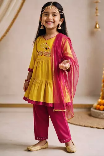 Girls mustard embroidered kurta with trousers & dupatta