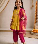 Girls mustard embroidered kurta with trousers & dupatta