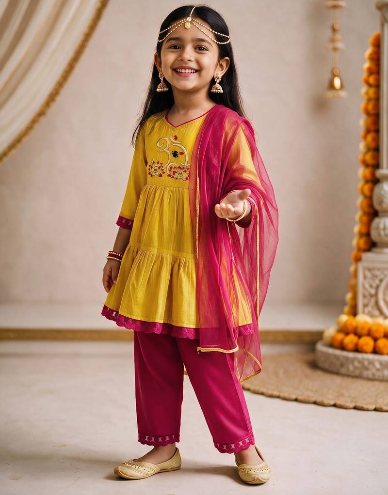Girls mustard embroidered kurta with trousers & dupatta