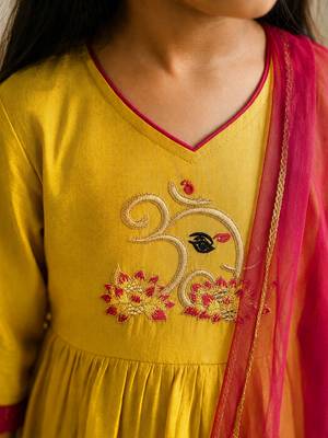 Girls mustard embroidered kurta with trousers & dupatta 2