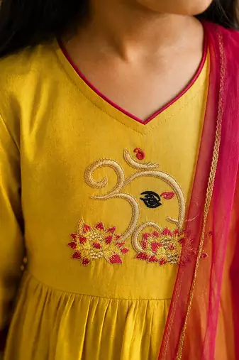 Girls mustard embroidered kurta with trousers & dupatta