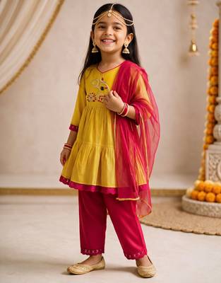 Girls mustard embroidered kurta with trousers & dupatta 3