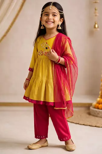 Girls mustard embroidered kurta with trousers & dupatta