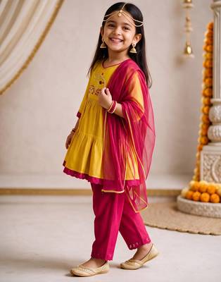 Girls mustard embroidered kurta with trousers & dupatta 4