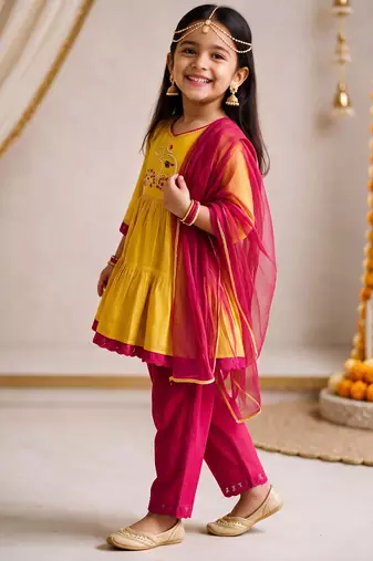 Girls mustard embroidered kurta with trousers & dupatta