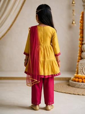 Girls mustard embroidered kurta with trousers & dupatta 5
