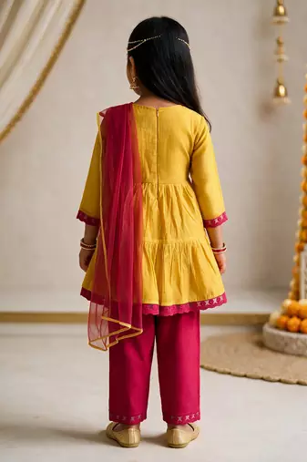 Girls mustard embroidered kurta with trousers & dupatta