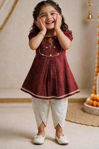 Sishu girls maroon embroidered kurta with dhoti pant