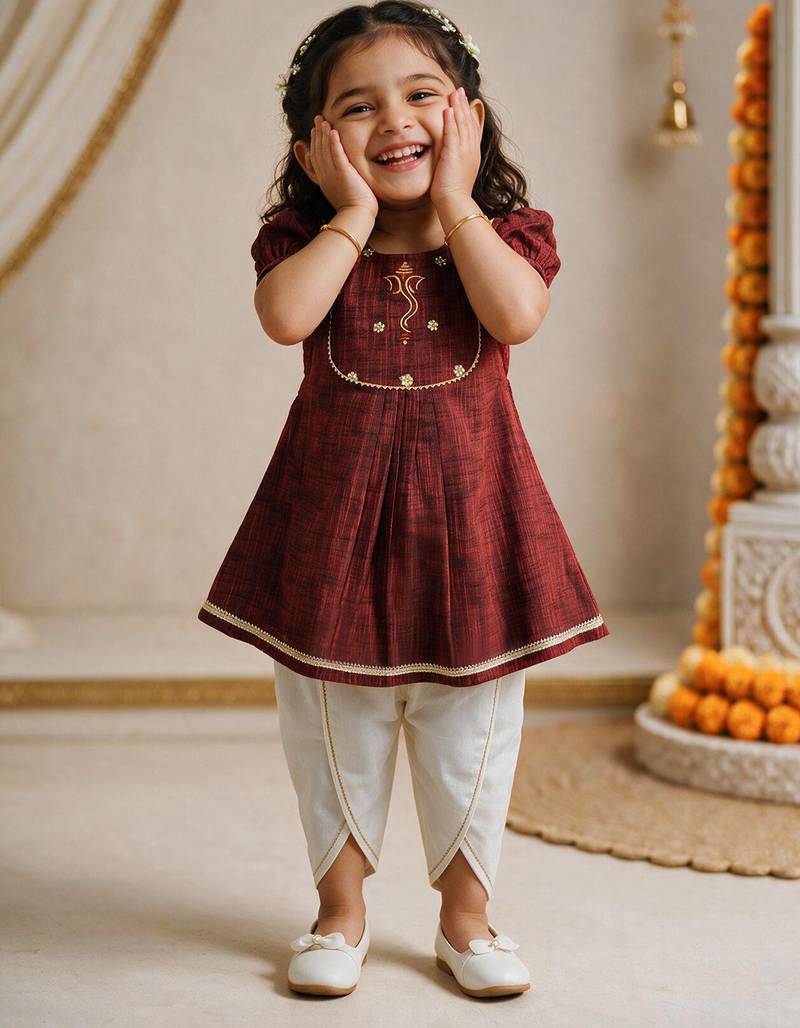 Sishu girls maroon embroidered kurta with dhoti pant