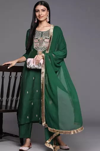 Women Green Ethnic Motifs Embroidered Gotta Patti Kurta with Trousers & With Dupatta