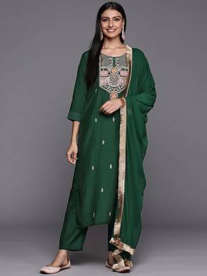Women Green Ethnic Motifs Embroidered Gotta Patti Kurta with Trousers & With Dupatta 5