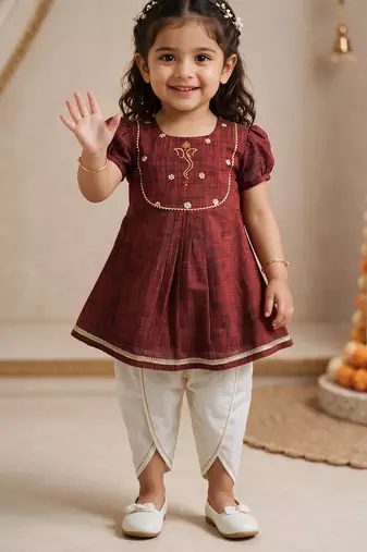 Sishu girls maroon embroidered kurta with dhoti pant