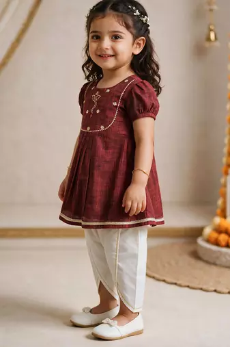 Sishu girls maroon embroidered kurta with dhoti pant