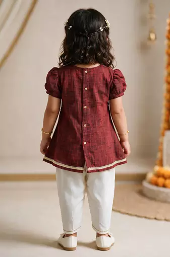 Sishu girls maroon embroidered kurta with dhoti pant