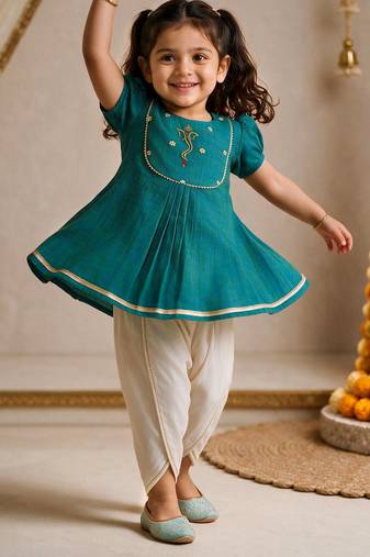 Sishu girls aqua embroidered kurta with dhoti pant