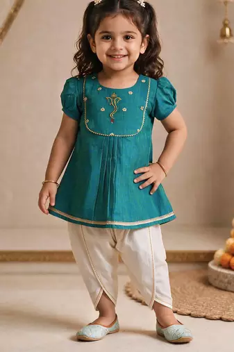 Sishu girls aqua embroidered kurta with dhoti pant