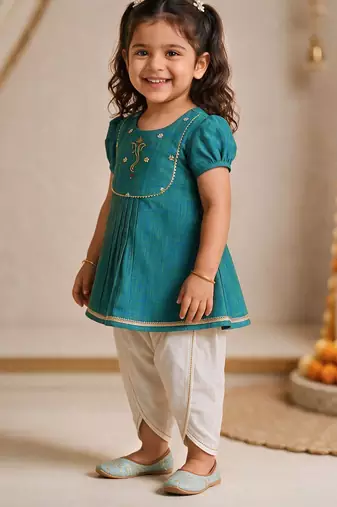 Sishu girls aqua embroidered kurta with dhoti pant