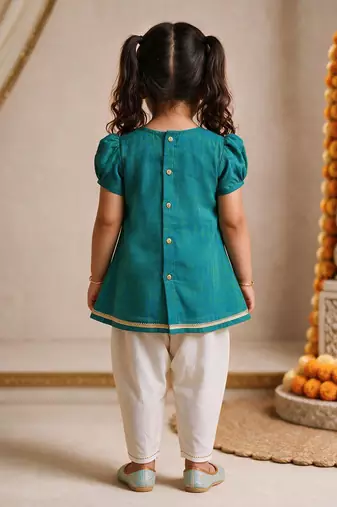 Sishu girls aqua embroidered kurta with dhoti pant