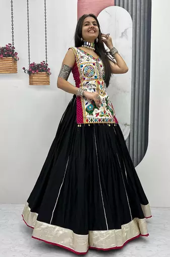 Black Lumpi Lace Border with Ribbon Work Silk Blend Navratri Lahenga Choli