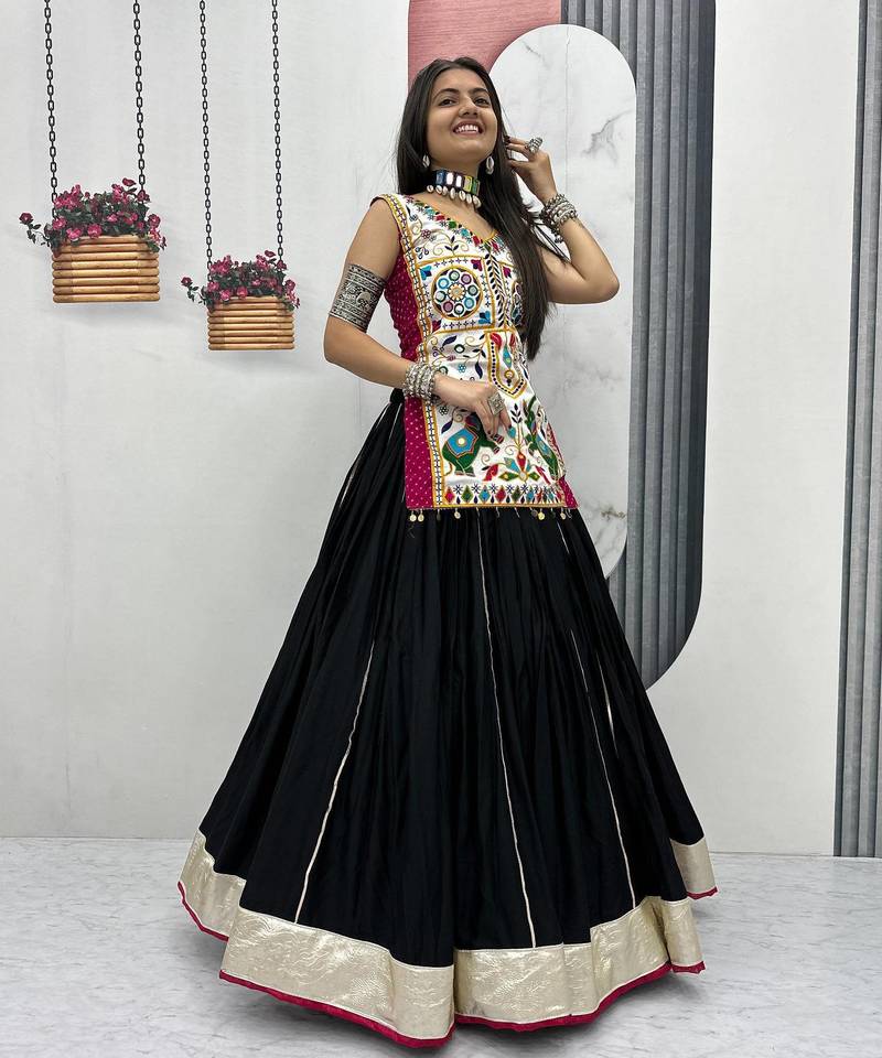 Black Lumpi Lace Border with Ribbon Work Silk Blend Navratri Lahenga Choli