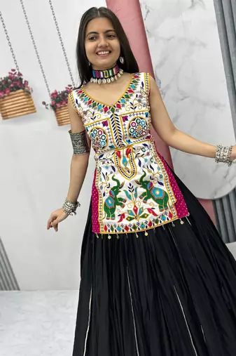Black Lumpi Lace Border with Ribbon Work Silk Blend Navratri Lahenga Choli
