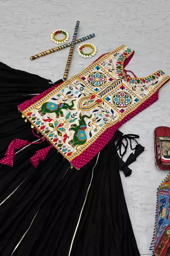 Black Lumpi Lace Border with Ribbon Work Silk Blend Navratri Lahenga Choli