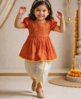 Sishu girls orange floral embroidered kurta with dhoti pant 1