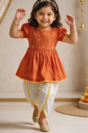 Sishu girls orange floral embroidered kurta with dhoti pant
