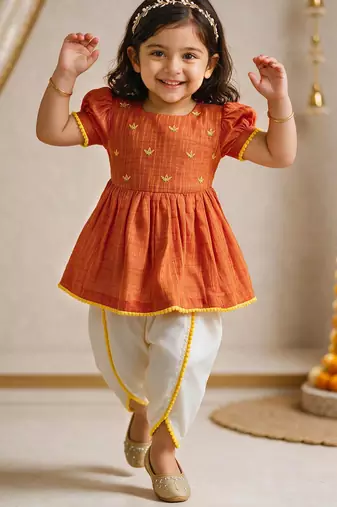 Sishu girls orange floral embroidered kurta with dhoti pant