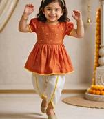 Sishu girls orange floral embroidered kurta with dhoti pant