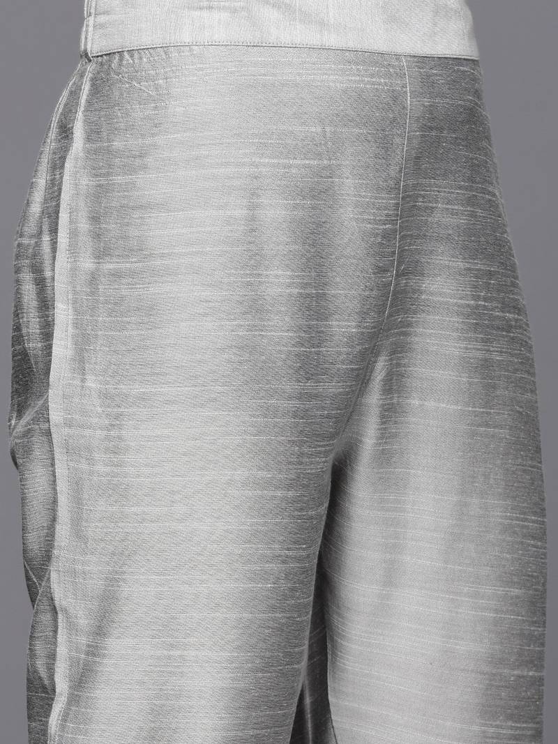 Women Floral Yoke Design Chanderi Silk Straight Kurta with Trousers