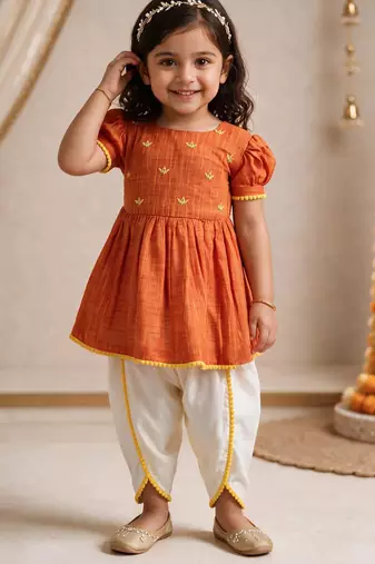 Sishu girls orange floral embroidered kurta with dhoti pant
