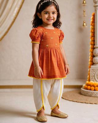 Sishu girls orange floral embroidered kurta with dhoti pant 4