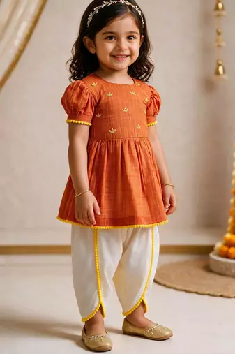 Sishu girls orange floral embroidered kurta with dhoti pant