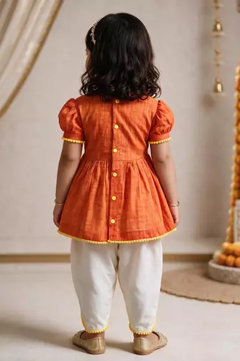 Sishu girls orange floral embroidered kurta with dhoti pant