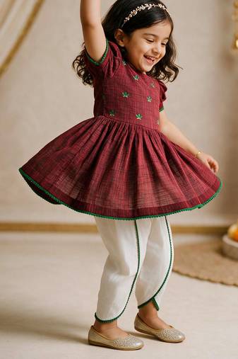 Sishu girls maroon floral embroidered kurta with dhoti pant
