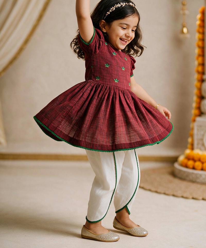 Sishu girls maroon floral embroidered kurta with dhoti pant